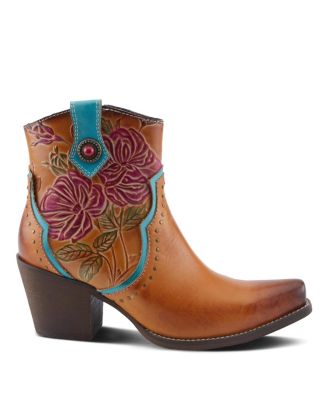 L Artiste Women s REBAMAC Western Floral Embossed Leather Mid-Calf Cowboy Booties with Snip Toe and Zipper Closure