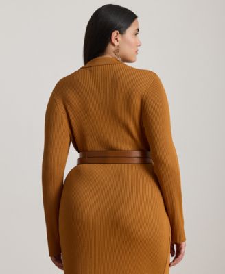 Plus Size Rib-Knit Long-Sleeve Polo Cardigan