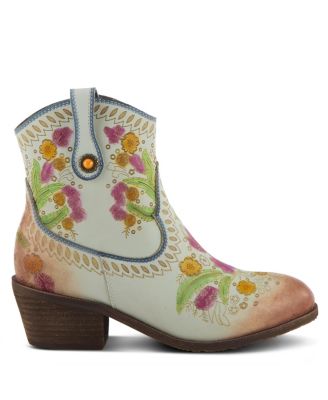 L Artiste Women s GALOP Handpainted Leather Western Booties with Floral Embossing, Pull Tab, and Side Zipper