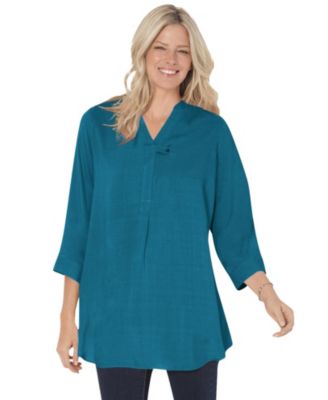 Women's Plus Size Rayon 7-Day Three-Quarter Sleeve Tab-Front Tunic Top