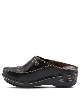 L Artiste Women s CHINO Hand-Painted Open-Back Leather Clog with Embossed Details and Elastic Inset