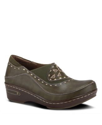 L Artiste Women s BURBANK Hand-Painted Leather Clogs with Floral Embossing and Elastic Insets