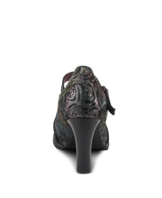 Women s Mazie Closed-Toe T-Strap Heels in Floral Metallic and Mosaic Leather with Decorative Buckle and Stacked Heel