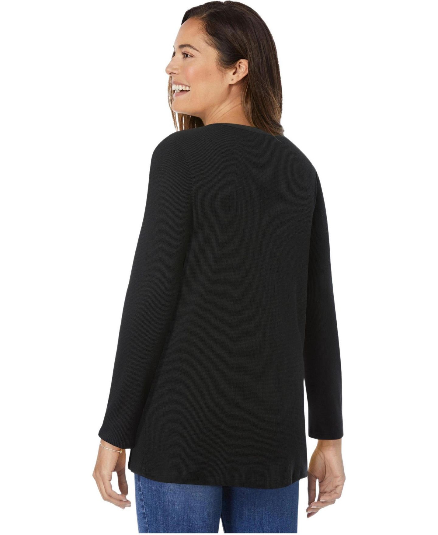 Женская футболка Woman Within Within Embroidered Thermal Henley, цвет: Чёрный — фото 2