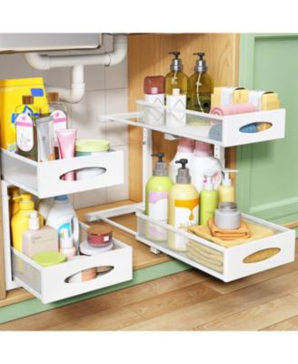 2 Pack 2 Tier Pull out Cabinet Organizer Baskets with Mesh，Black+White