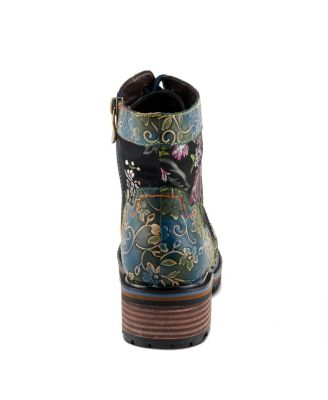 Women's Fantastic Leather Booties with Embroidered Textile, Embossed Floral Leather,  and Lug Sole – Comfort Ankle Boots for Fall Style