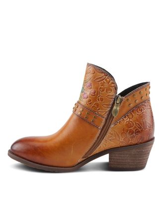 Women's Daintylady Western Ankle Boots with Hand-Painted Floral Embossing, Studded Belt Detail – Feminine Cowgirl-Inspired Comfort Booties