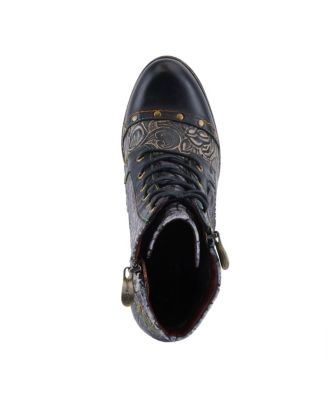 Women's Avyanna Velvet and Leather Ankle Boots with Embossed Floral Design, Cap Toe, Dual Zippers, and Low Heel