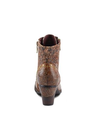 Women's Avyanna Velvet and Leather Ankle Boots with Embossed Floral Design, Cap Toe, Dual Zippers, and Low Heel