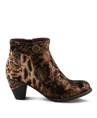 Women's Dessalynn Floral and Animal Print Suede Ankle Boots with Velvet Lining, Decorative Button, Side Zipper – Artistic Comfort Booties