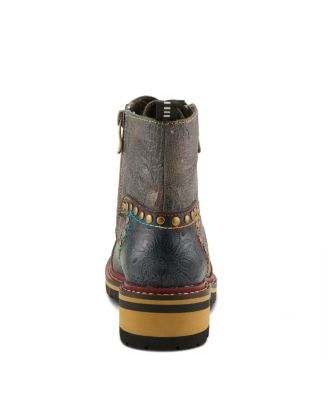 Women's Rugup Hand-Painted Leather Booties with Mixed Textures, Decorative Studs, Lace-Up and Zipper Closure, Faux Fur Lining, and Lug Sole
