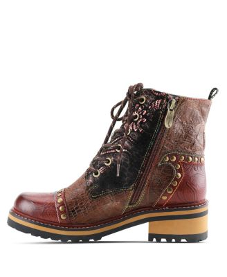 Women's Rugup Hand-Painted Leather Booties with Mixed Textures, Decorative Studs, Lace-Up and Zipper Closure, Faux Fur Lining, and Lug Sole