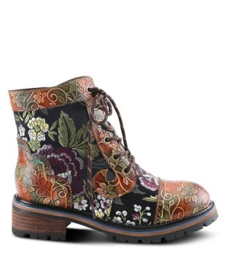 Women's Fantastic Leather Booties with Embroidered Textile, Embossed Floral Leather,  and Lug Sole – Comfort Ankle Boots for Fall Style