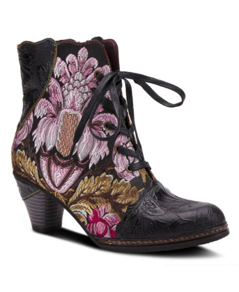 Женские ботинки L'Artiste Siren Embroidered Floral Lace-Up Booties with Embossed Leather, Scalloped Trim & Cone Heel, цвет: Чёрный разноцветный