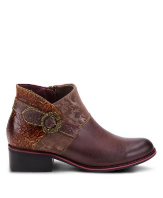 Women's Tiatia Hand-Painted Leather Ankle Boots with Asymmetrical Buckle Strap, Embossed and Suede Panels, Block Heel, and Side Zipper