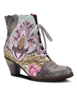 L’Artiste Women’s SIREN Embroidered Floral Lace-Up Booties with Embossed Leather, Scalloped Trim & Cone Heel