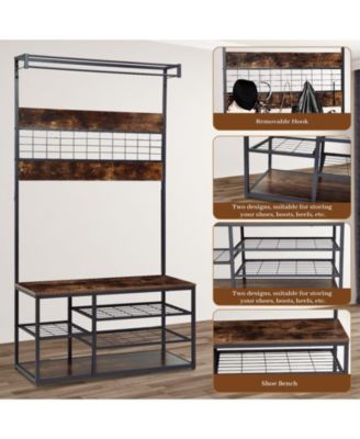 Coat Rack Hall Tree with 3-Tier Shoe Storage and 5 Hooks ,Large Wood-Look Shoe Rack Bench for Entryway, Closet