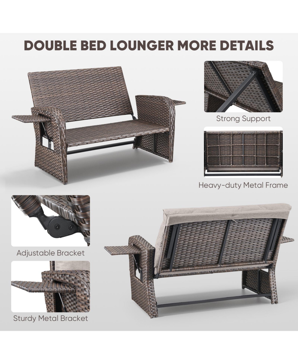Gymojoy SleekArm 2-Person Wicker Outdoor Day Bed Set Patio Loveseat Sofa with Adjustable Backrest Cushions