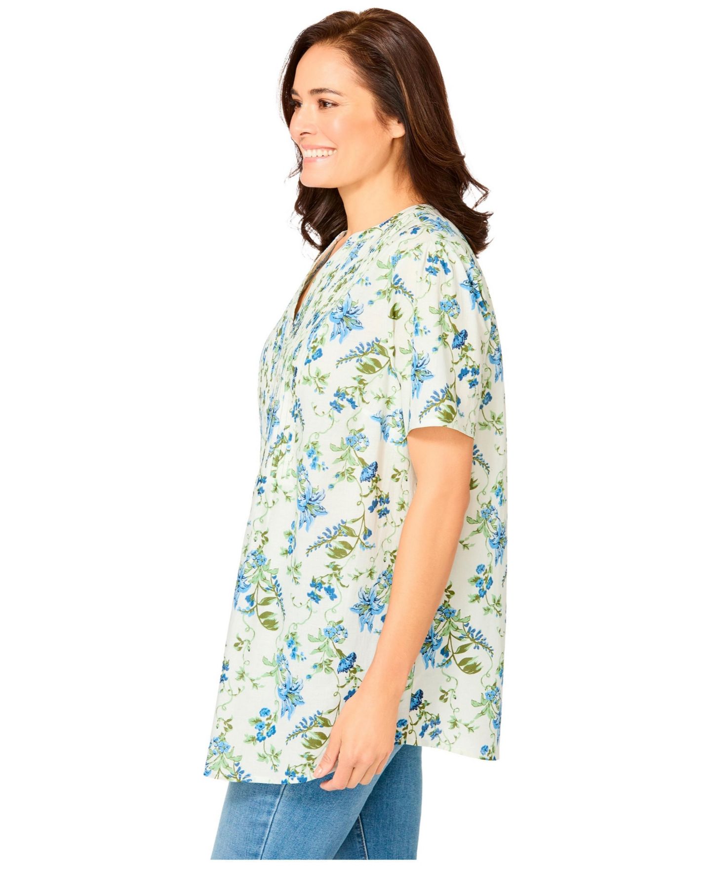 Женский топ Woman Within Plus Size Pintucked Half-Button Tunic, цвет: Синий с принтом — фото 3