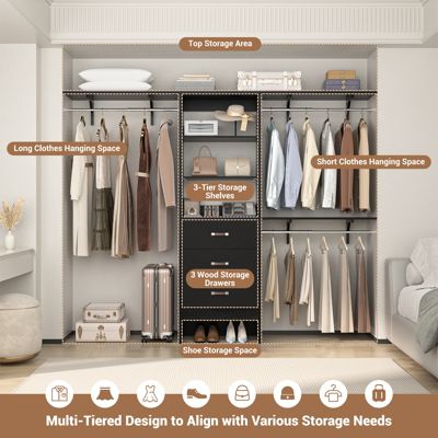8-Foot Walk-In Closet Organizer with 3 Shelving Towers, Heavy-Duty Clothes Rack and 3 Drawers
