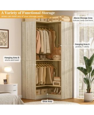 Corner Closet System with Upper & Lower Hanging Areas, Corner Wardrobe Organizer with Shoe Shelf