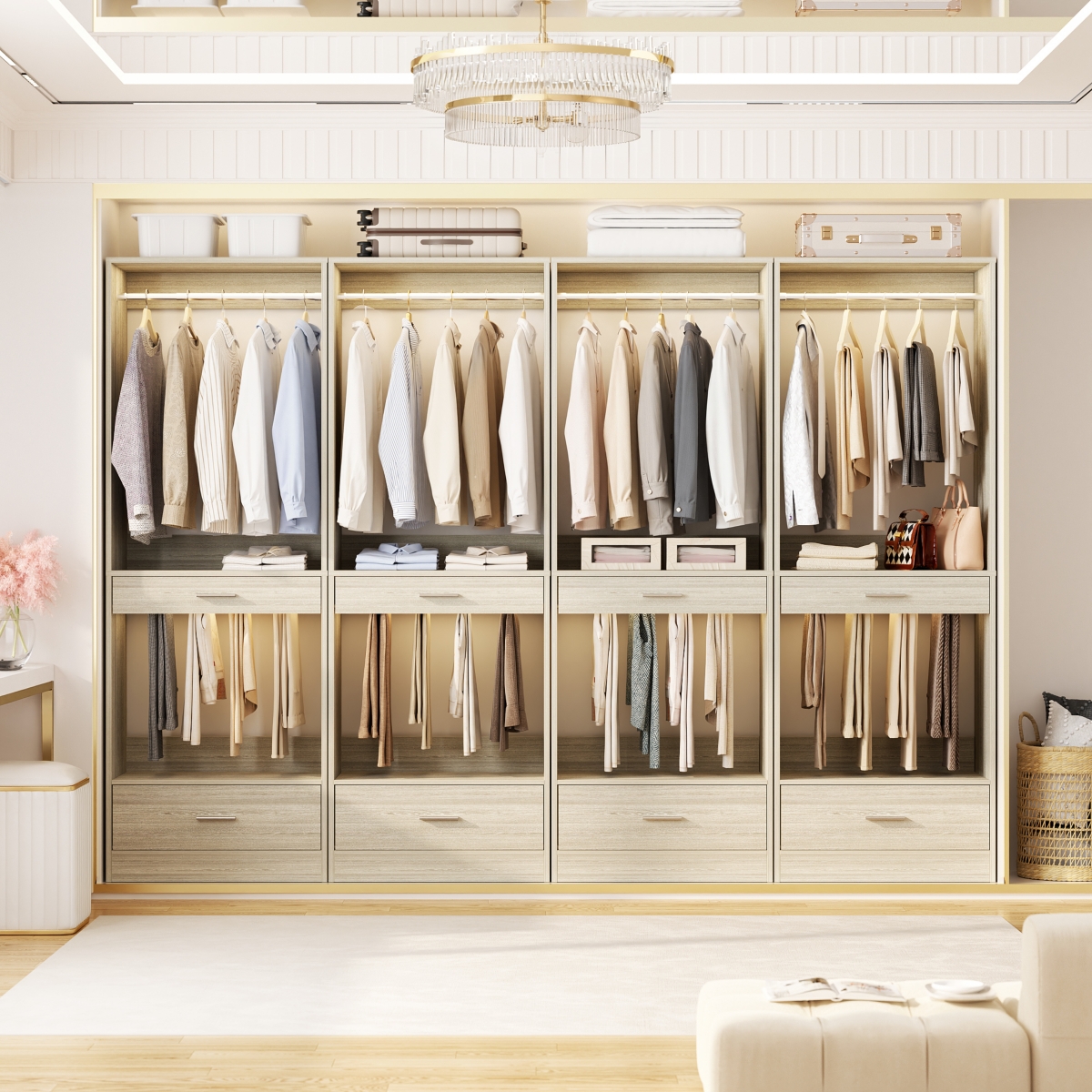 Aheaplus Closet System Organizer with Hanging Area, Freestanding Wooden Drawers
