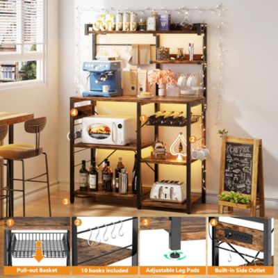 Kitchen Storage Shelf with Hooks, Coffee Bar Station with Power Outlets & LED Light, Bakers Rack with Pull-Out Basket