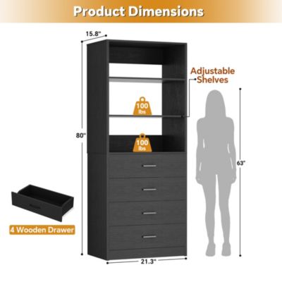 21.3-Inch Closet Drawer System, Walk-In Closet Tower with 4 Wooden Drawers and Shelves