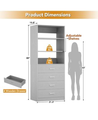21.3-Inch Closet Drawer System, Walk-In Closet Tower with 4 Wooden Drawers and Shelves