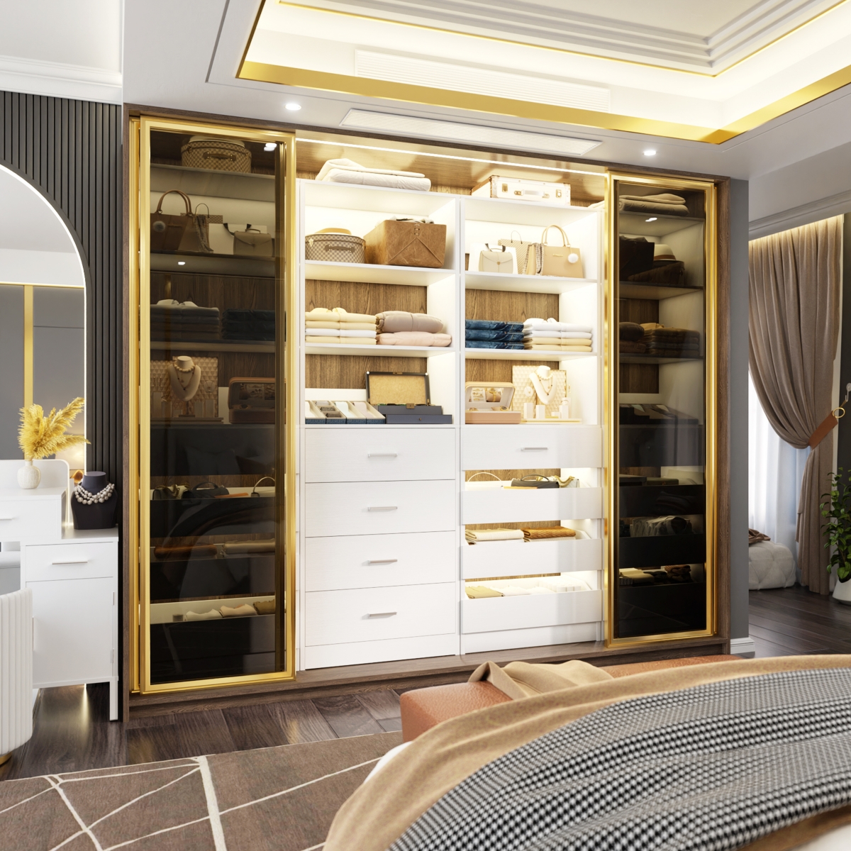 21.3" Closet Drawer System, Walk-in Tower with 4 Wooden Drawers and Shelves