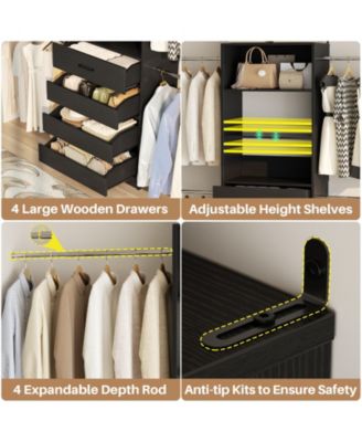 8FT Wall Mounted Closet System with 4 Drawers and 4 Hanging Rods, Garment Rack with Shelves