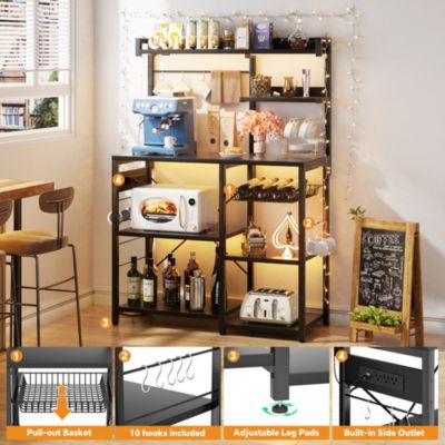 Kitchen Storage Shelf with Hooks, Coffee Bar Station with Power Outlets & LED Light, Bakers Rack with Pull-Out Basket