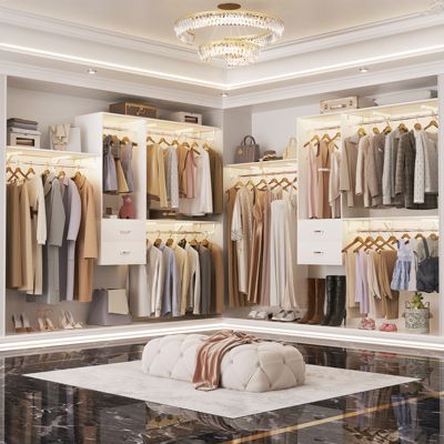 96 Inch Wall Mounted Closet Organizer System with 3 Shelves and Rods, Closet Rack with 2 Drawers