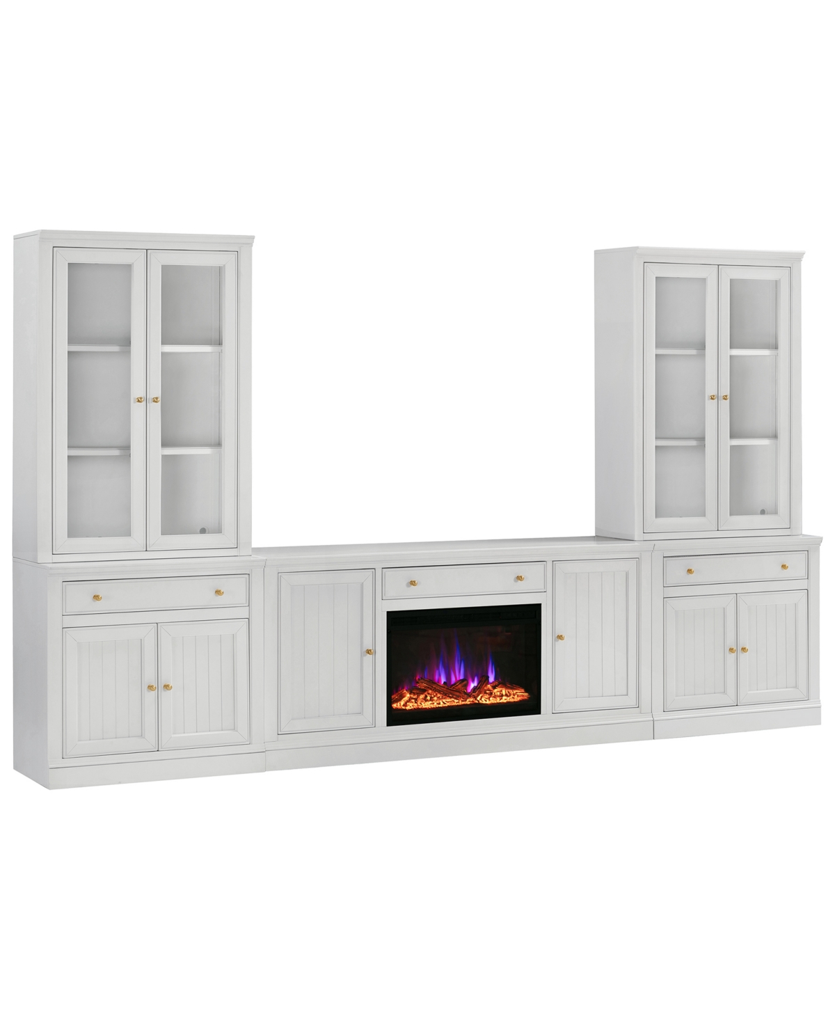 Macy's Amren 65" 2 Door Console And 2 Door Hutches With 2 Door Bases With Drawers And Fireplace Insert In White