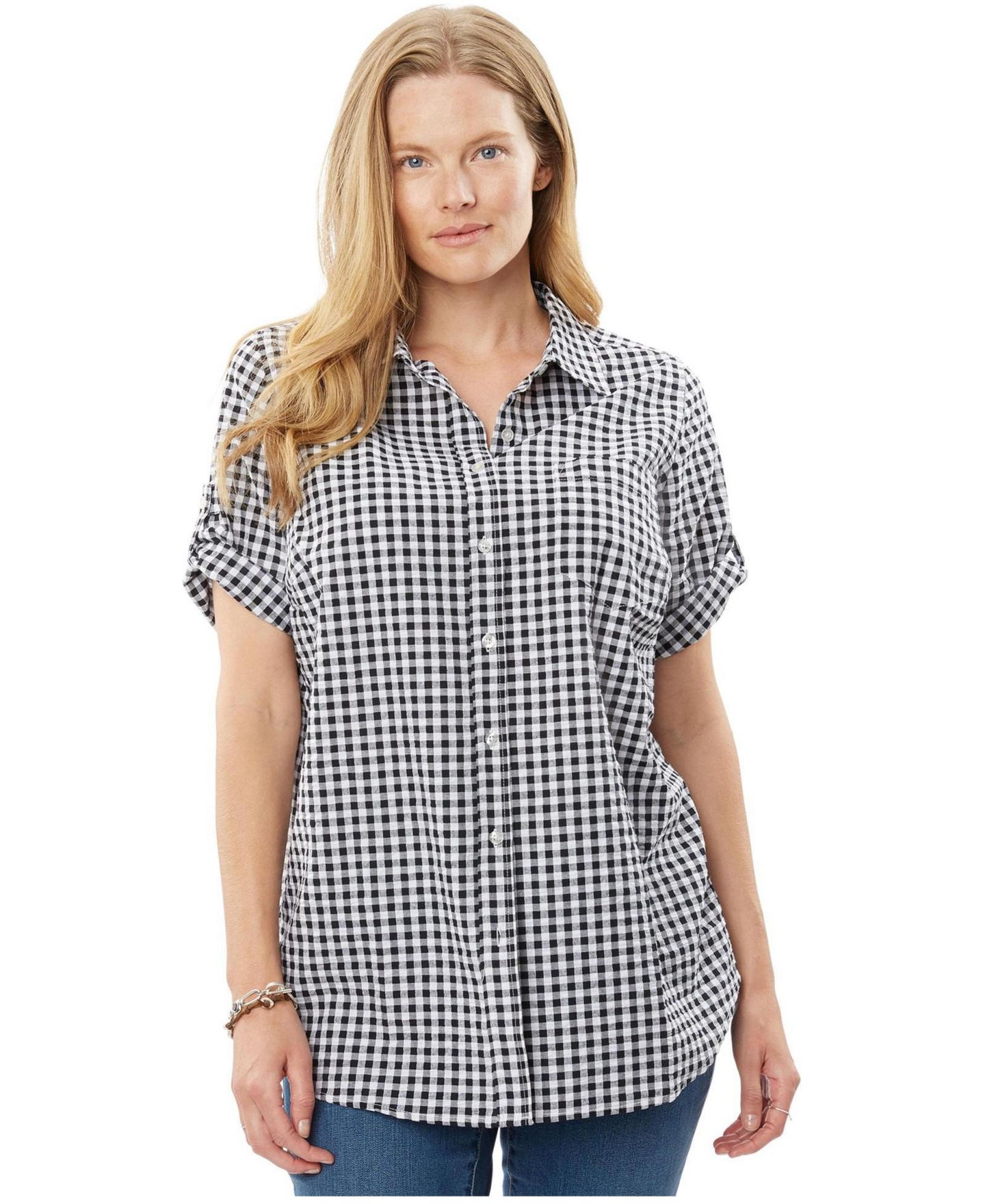 Женская рубашка Woman Within Plus Size Within Short-Sleeve Button-Down Cotton Seersucker, цвет: Чёрный в мелкую клетку — фото 1
