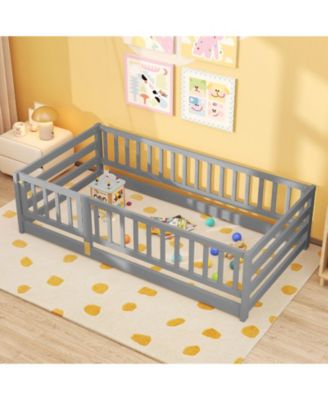 Twin Size Floor Bed w/High Fence & Door Safety Guardrails Wood Floor Bed Frame
