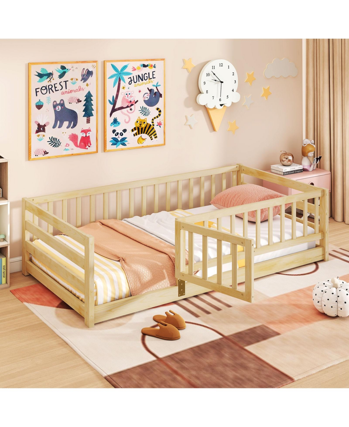 Gymax Twin Floor Bed w/High Fence & Door Safety Guardrails Wood Frame