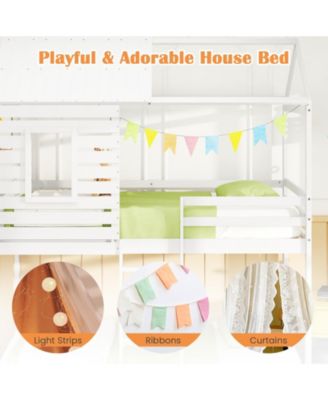 Twin over Twin House Bunk Bed Low-to-ground Bed Frame w/ Roof Solid Wood Bed