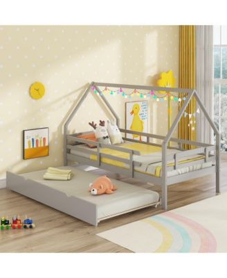 Twin Size House Bed w/ Trundle Wooden Kids Bed w/ Safety Rails & Decorable Roof