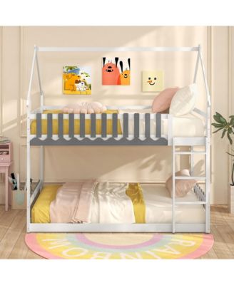 Twin Over Twin Bunk Bed w/ Fence & Ladder Solid Wood Floor Bunk Bed for Kids