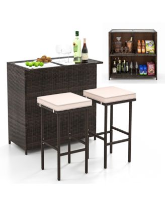 3 Pieces Patio Bar Set PE Wicker Outdoor Bar Table & Stools Set w/ Removable Cushions
