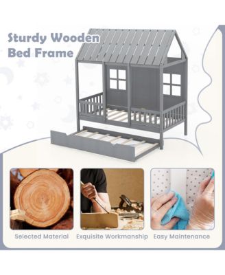 Twin Size House Bed with Trundle Fence Decor Wooden Windows Tall Roof