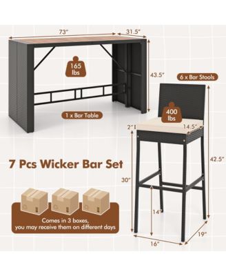 7 Pieces Patio Bar Set w/ Acacia Wood Tabletop & Removable Cushions Outdoor