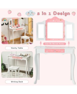 Kids Vanity Princess Makeup Dressing Table Chair Set W/ Tri-folding Mirror