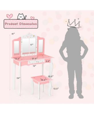 Kids Vanity Princess Makeup Dressing Table Chair Set W/ Tri-folding Mirror