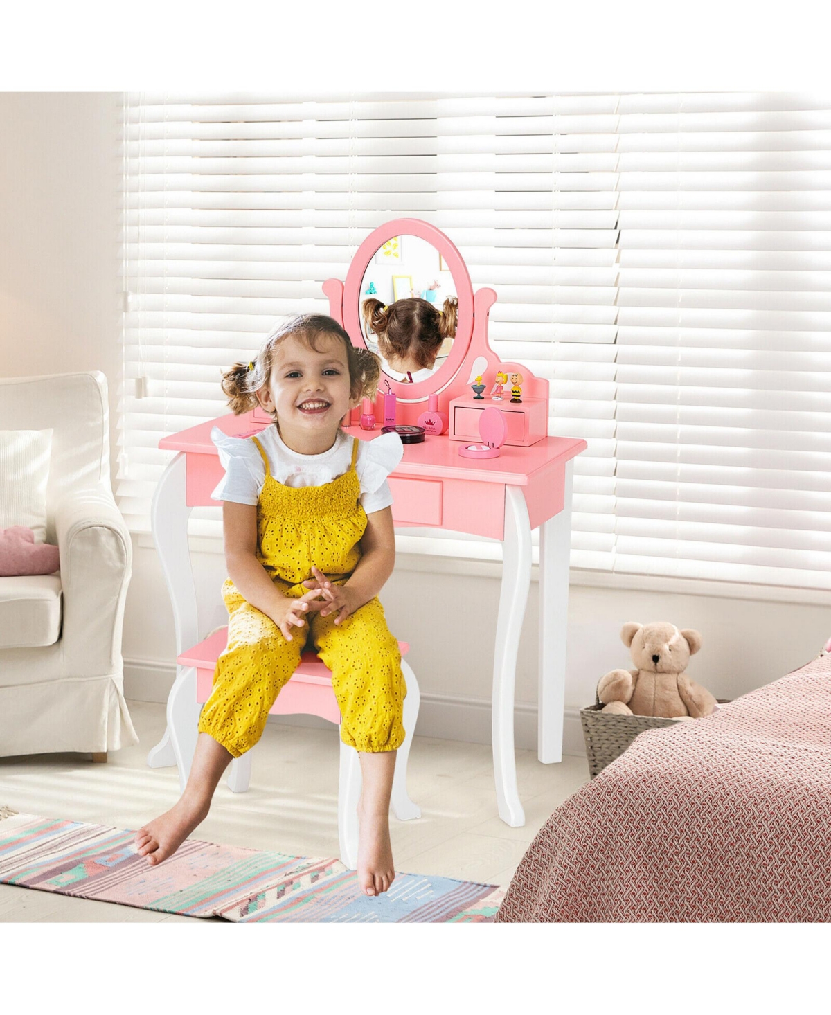 Gymax Kids Vanity Princess Makeup Dressing Table Stool Set W/ Mirror Drawer
