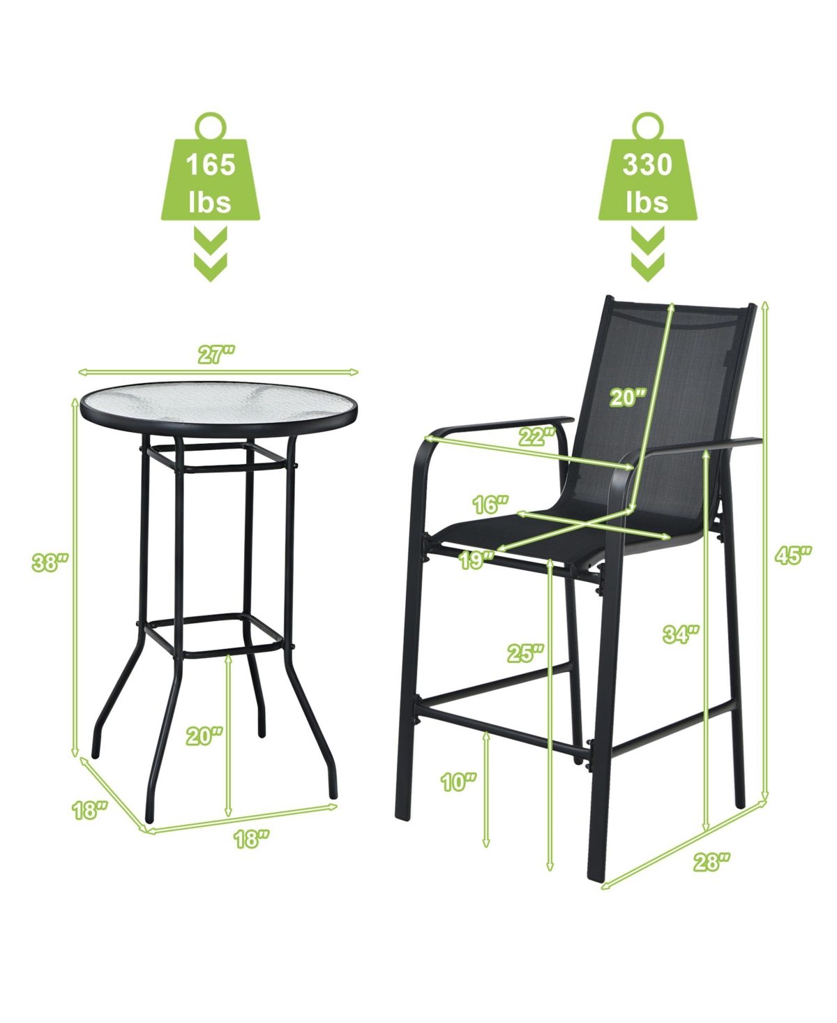 Gymax 3PCS Patio Bar Set Outdoor Bistro Set w/ 2 Stools & 1 Tempered Glass Table