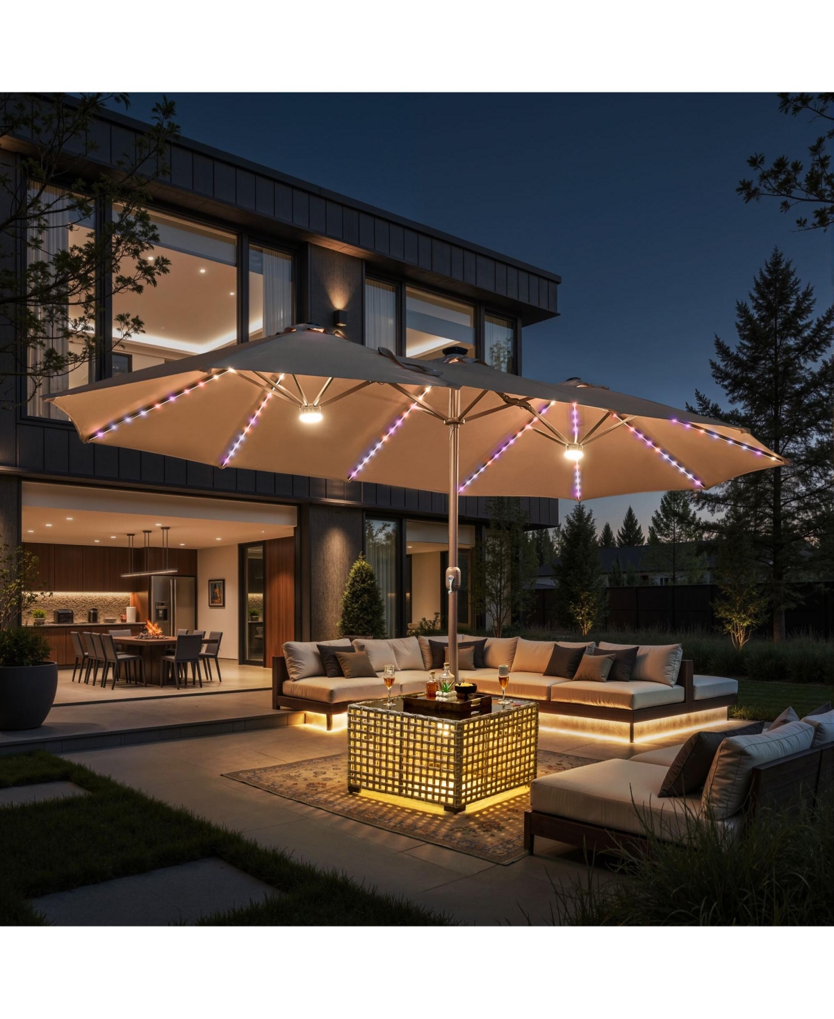 Xizzi 15ft Solar Umbrella Smart Led Lighted Patio Umbrella,12 Heavy Duty Ribs Large Outdoor Double Sided Rectangle with Light Modes and Base