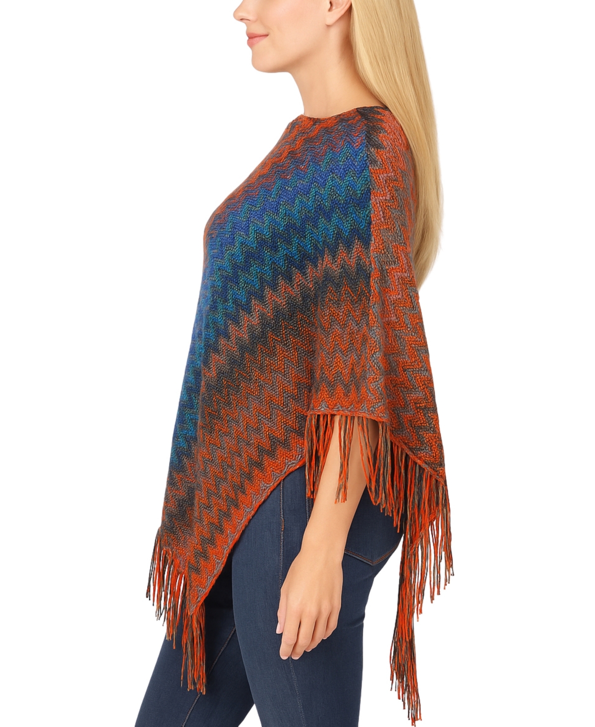 White Mark Women's Chevron Knit Fringed Hem Poncho Sweater In Multi