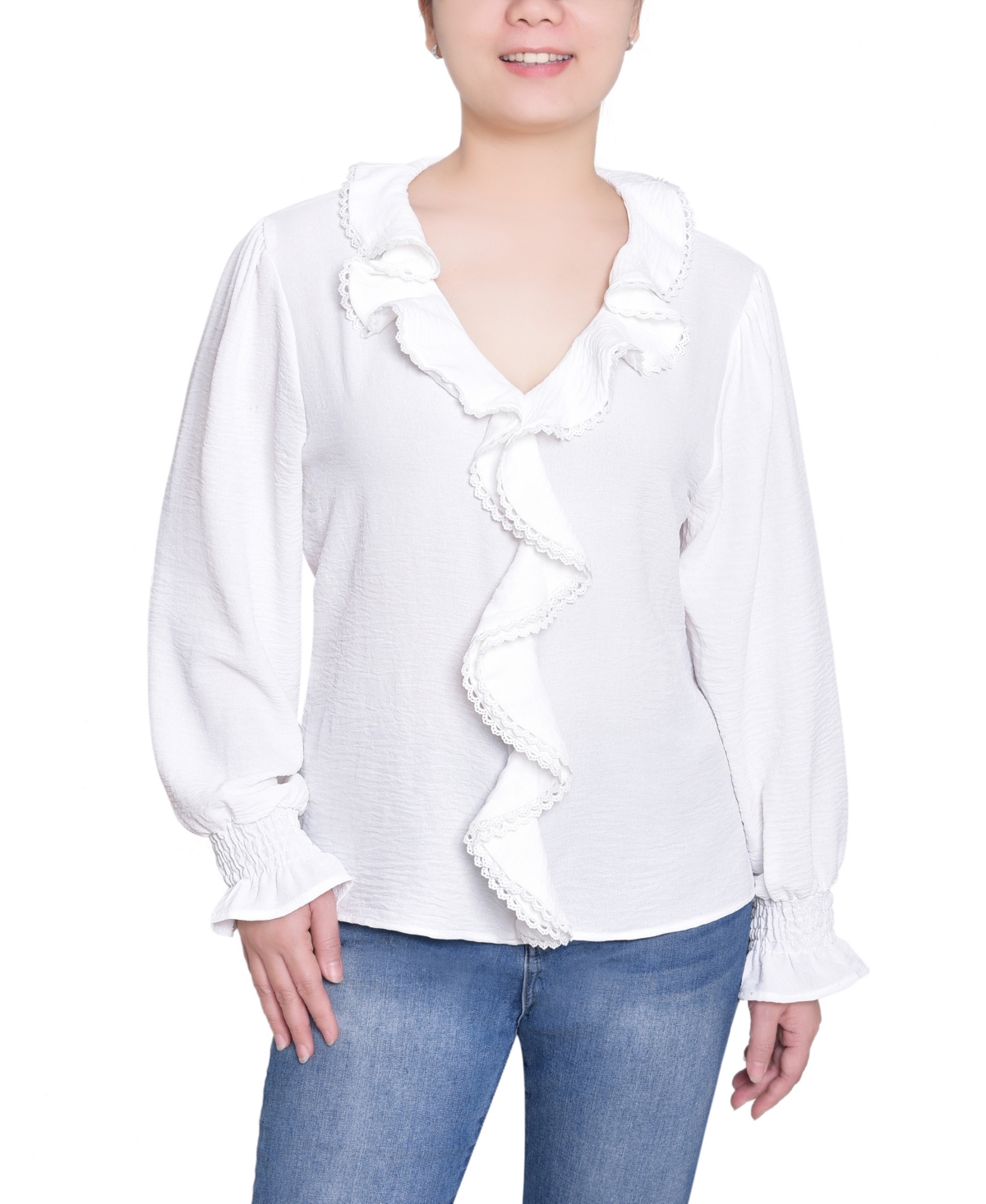 Ny Collection Women's Short Sleeve Ruffle Front Top In White